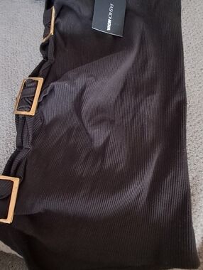 Fashion Nova Black Ribbed Skirt with Gold Buckle Detail